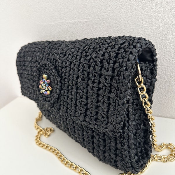 Sac pochette Soirée en raphia noir, pochette Glam Chic pour Cérémonie, Mariage