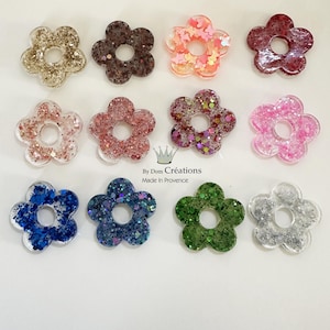 Glitter resin flower earrings, steel hoops with interchangeable tassels, flower hoops for women and children