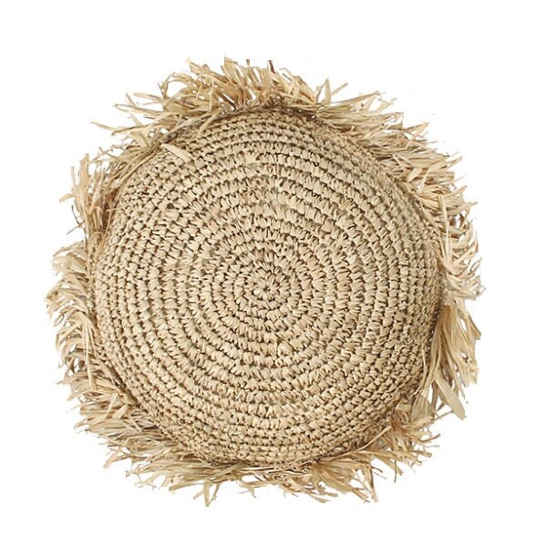 Housse de Coussin Ronde en Raphia 35 cm avec Franges, Housse Pour Bohème