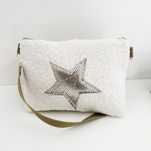 Clutch bag in sheep-like woolen fabric, Beige and gold, Teddy bag, women's crossbody bag