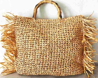 Beige beach tote bag in Cellulose Raffia, fringed tote bag, boho chic bag, palm tree bag, boho bag, summer bag