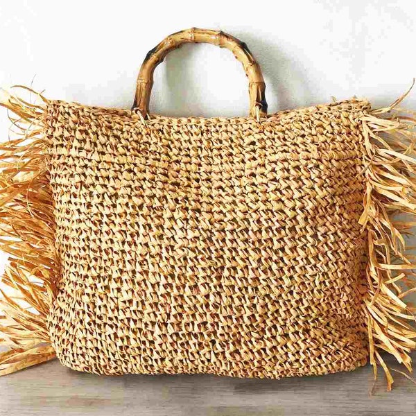 0401~Printed Tote Handbag with Raffia Fringes main image 1