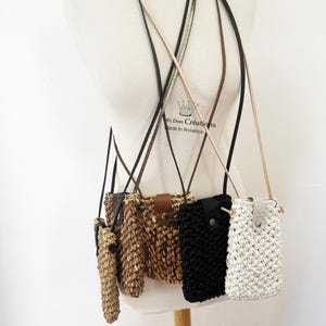 Raffia and leather cell phone case bag, shoulder strap phone case, Summer smartphone bag