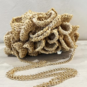 Sac pochette de soirée Fleur, sac en raphia réalisé à la main, sac femme beige et or  ,soirée, mariage