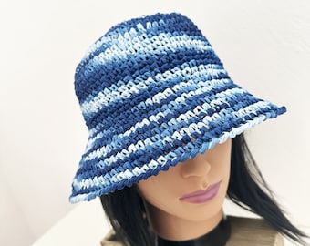 Chapeau Bob en  Raphia Bleu Outremer, chapeau plage Bohème, chapeau été