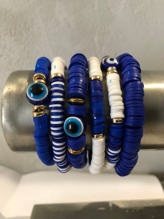 Bracelet Perles Heishi Bleu Et Noir - Œil Grec, Modèle Lina, Neuf Sans Emballage