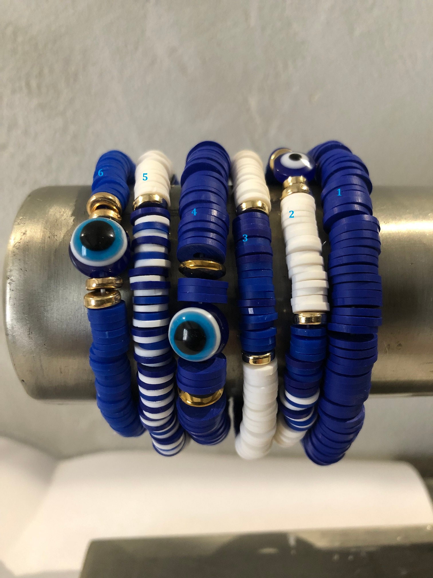 Turkish Evil Bracelet, Heishi Greek Eye spacer, beads on elastic thread, katsuki polymer beads