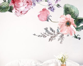 Pink Peony Wall Decals, Watercolor Floral Nursery Decor