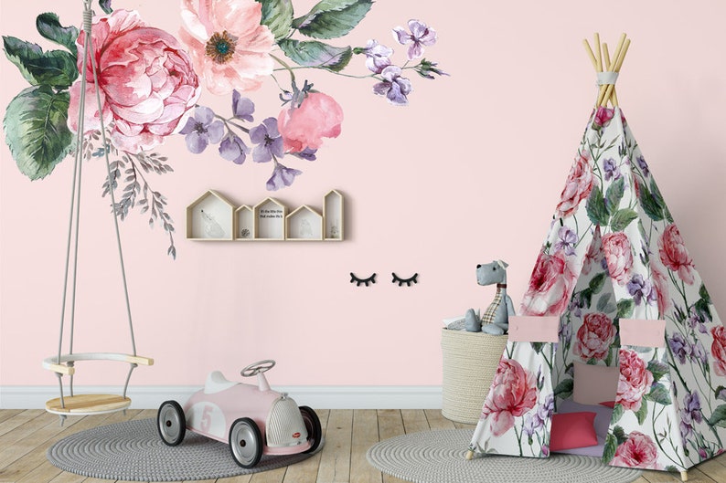 Rose Blush Pink Nursery Wall Decor, Flowers Wall Decals, Blooms Peonies