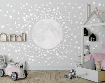 Moon with 300 Stars Wall Decal for Nursery Children&#39;s Rooms Bedroom Wallpaper Mural Large Self Adhesive Moon Stars Wall Decals Peel & Stick