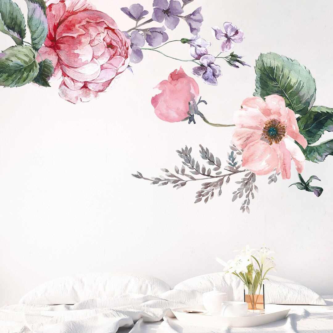 Pink Peony Wall Decals, Watercolor Floral Nursery Decor - Etsy