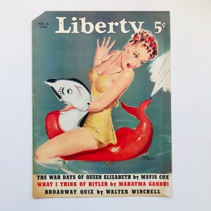 May include: Vintage Liberty magazine cover from August 3, 1940, featuring a woman in a yellow swimsuit on a red inflatable dolphin. The cover art includes the magazine title, price, and article titles.
