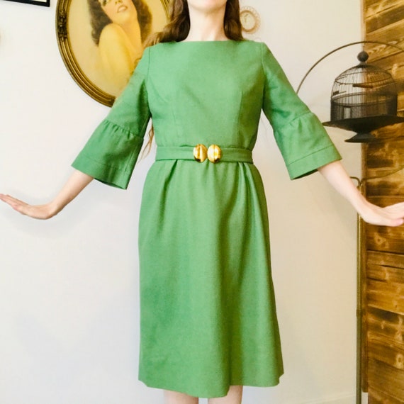 Vintage Forest Green 1960s Dress with Bell Sleeve… - image 1