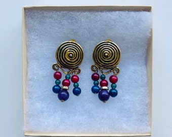 Vintage Gold Spiral/Beaded Clip-On Earrings