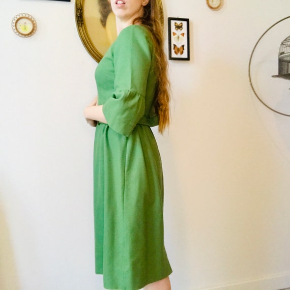 Vintage Forest Green 1960s Dress with Bell Sleeve… - image 3