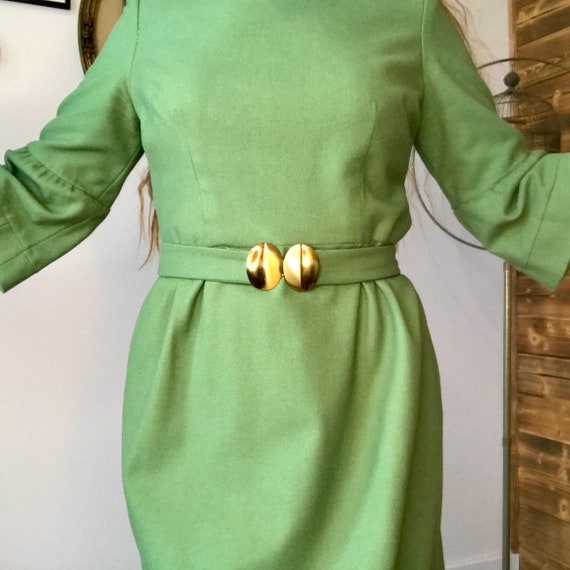 Vintage Forest Green 1960s Dress with Bell Sleeve… - image 2