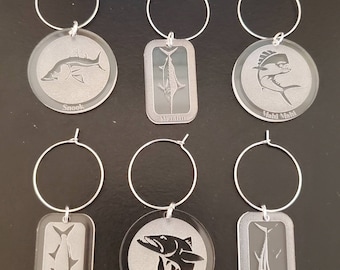 Saltwater Fishing Drink Charms, Saltwater Fishing Wine Charms, Marlin, Tarpon, Mahi Mahi, Snook, Tuna, Barracuda, Fishing Gift, Fishing