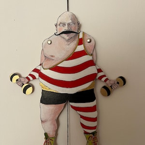 Large Size Handmade Wooden Jumping Jack Puppet: Strongman Art Doll