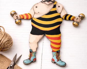 Hand Painted Wooden Jumping Jack – Vintage Strongman Pull String Toy