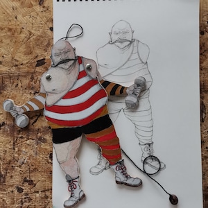 Wooden Strongman Jumping Jack Puppet: Handmade Movable Art Doll / Vintage Circus Toy
