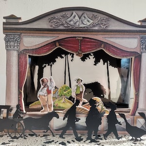 Teatro delle ombre di Woden e teatro delle marionette di legno Mattie il guardiano delle oche.