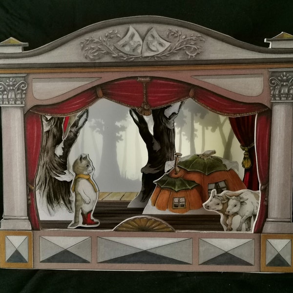 Wooden Hand Made Puppet Theater with Shadow screen Itsy-bitsy small Cat in itsy-bitsy small House