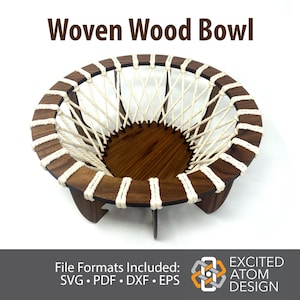 May include: A woven wood bowl with a white rope design. The bowl is made of dark wood and has a round shape. The bowl is sitting on a white surface. File Formats Included: SVG, PDF, DXF, EPS. Excited Atom Design.