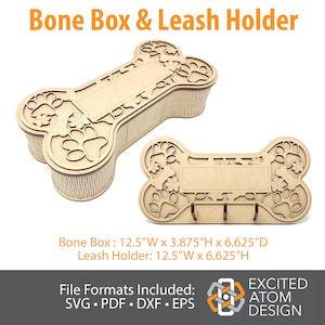 Puede incluir: Una caja de madera con forma de hueso con diseños de huellas de patas y un soporte de correa separado con forma de hueso con ganchos. La caja mide 12,5 pulgadas de ancho por 3,875 pulgadas de alto por 6,625 pulgadas de profundidad. El soporte de correa mide 12,5 pulgadas de ancho por 6,625 pulgadas de alto. Los formatos de archivo incluidos son SVG, PDF, DXF y EPS.