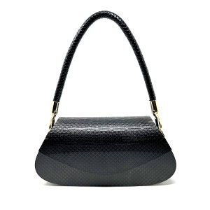 May include: Black handbag with a textured pattern and a braided handle. The bag has gold-colored accents and a curved, semi-circular shape. The handle is black and arched.