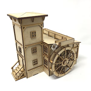 May include: A wooden model of a watermill with a tower, a water wheel, and a wooden bridge. The model is made of light brown wood and has a rustic appearance.
