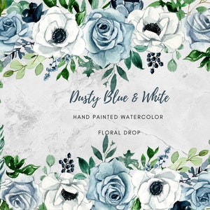 Watercolor Floral Clipart, white anemone, Dusty Blue Rose, Hand Painted Watercolor Bouquet, Wedding BackDrop, Border