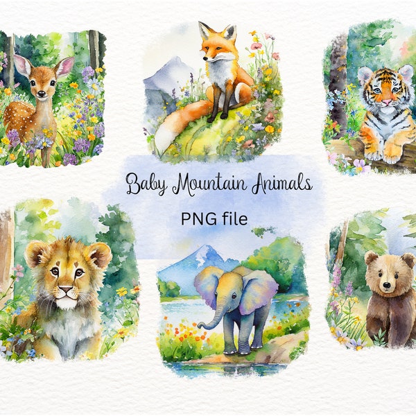 Baby Animal Portrait Clipart Watercolor Clipart Mountain Animals Bear Lion Tiger Fox Deer Elephant  PNG Printable File, DIY Sublimation Kit