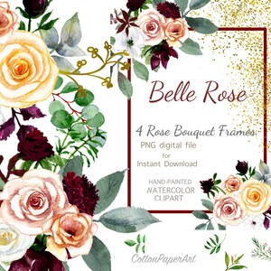 Rose Bouquets frames borders watercolor Clipart roses wedding stationary digital png flower arrangements boho vintage hand painted digital