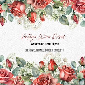 Vintage Wein Rose Clipart, Aquarell Rote Rose Clipart, Burgunder Wein Rose Clipart, Geburtstag Hochzeit Clipart, Sublimation Png