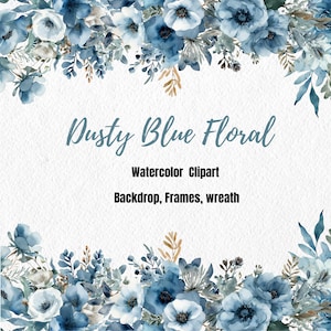 Aquarell Dusty Blue Blumen Clipart, Aquarell Clipart, Marineblau Blumen Clipart, Blumen Hintergrund Rand Rahmen Kranz, Sublimation Png