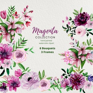 Magenta violett Aquarell Blumen Clipart, Blumensträuße Bordüren Rahmen, Hintergrund, druckbare digitale png, handgemaltes Aquarell Floral