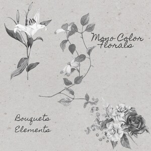 Illustration graphique en noir et blanc Art monochromatique Bouquets de mariage invite
