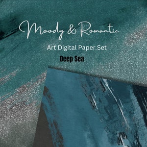 Papel digital verde azul marino oscuro profundo, papel de diseño de arte abstracto, papel digital de fondo romántico cambiante conjunto de 5 texturas de arte de lienzo JPEG