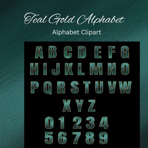 Alfabeto dorado verde azulado, alfabeto digital, fuente de letra verde, fondo de papel digital PNG