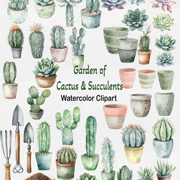 Watercolor Cactus Succulent Clipart, Cactus Garden Clipart, Succulent Clipart, Design Sublimation Bundle Kit