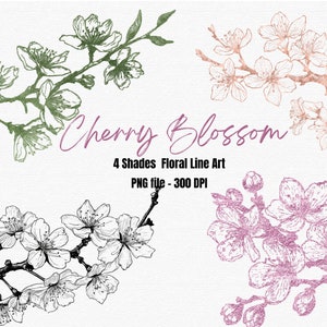 Clipart de flor de cerejeira, clipart floral de primavera, clipart aquarela, clipart de glitter rosa, arte de linha floral, sublimação PNG