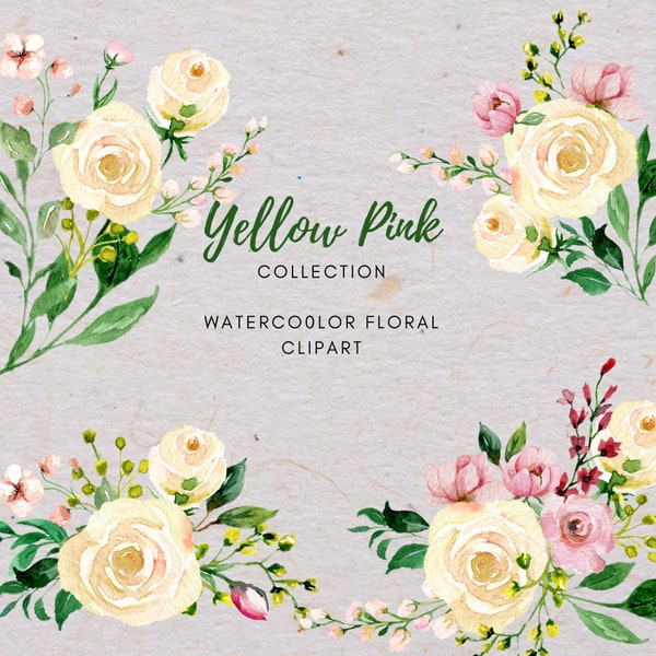 Yellow Pink Rose Watercolor Clipart, Yellow Flower Bouquets Frames Wreath Printable Digital paper png, Seamless Pattern Background