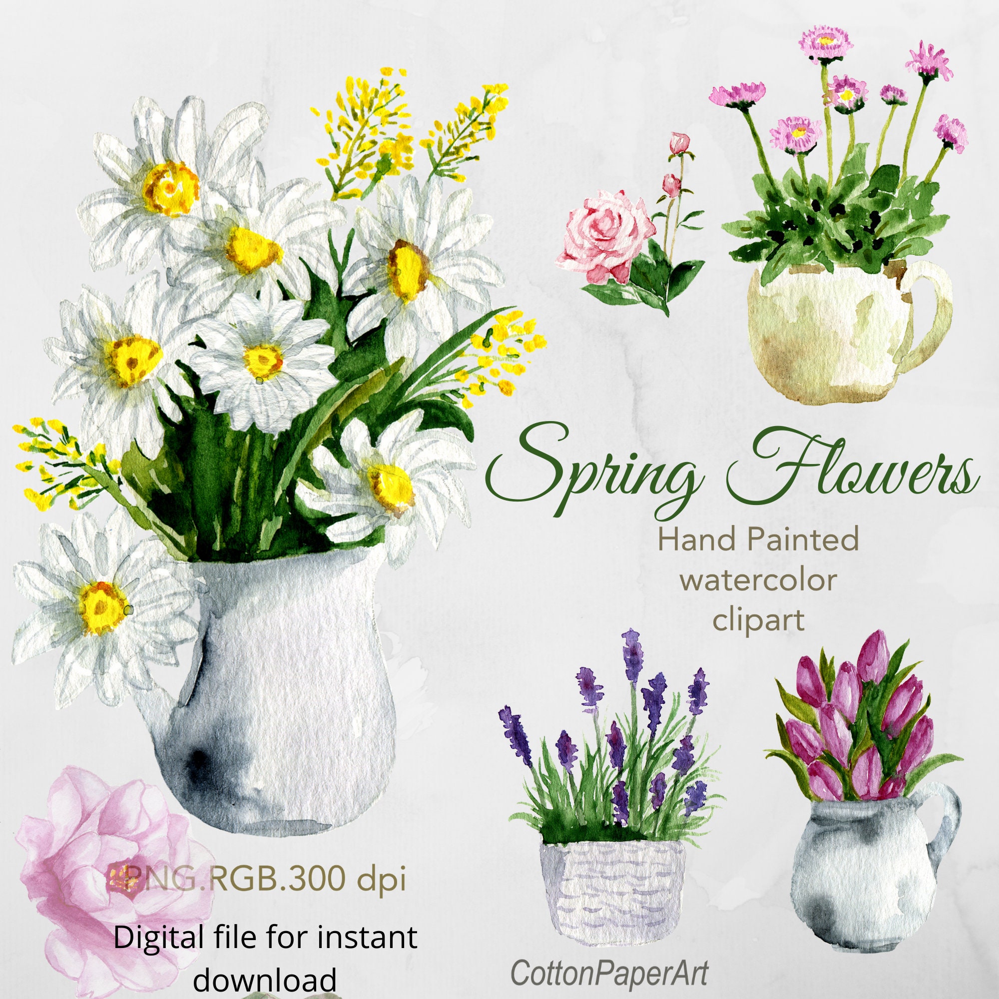 Watercolor Vase Floral Still Life Clipart. Spring Flowers Lavender Daisies  Tulips Roses. Stationery Digital Png Floral Arrangement Printable - Etsy, image size:2000x2000