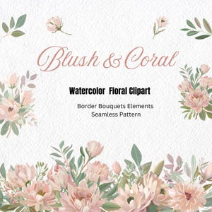 Coral Blush bloemen clipart, perzik salie bloemen collectie clipart, bloemenrand, naadloos patroon, boeket, sublimatie, png