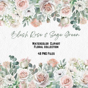 Blush Rose Sage Green Floral Clipart, Watercolor Floral Clipart,  Blush Pink and White Floral Clipart, Wedding Clipart, Sublimation Png