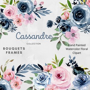 Blue Pink Watercolor Floral Clipart, Rose Bouquets Frames, Wedding DIY Invitation Background, Printable Digital Art, Hand Painted Graphics