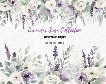 Watercolor Lavender Sage Floral Clipart, Watercolor Floral Clipart, Lavender Purple Floral  Wedding Clipart, Sublimation Png