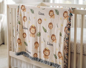 Personalized Baby Lion Woven Blanket, Custom Name Jungle Safari Blanket, Cute Animal, Baby Shower Gift, Baby Nursery Blanket,