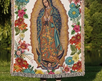 Virgen de Guadalupe Woven Blanket,  Floral Tapestry Throw, Personalized MAMÁ Special Edition