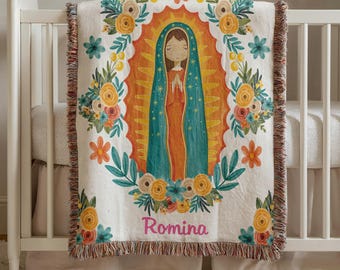 Virgen de Guadalupe Personalized Baby Blanket | Baptism Gift for Boy or Girl, Catholic Christening Gift, Virgin Mary Keepsake